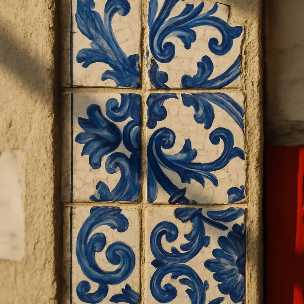 Blue-and-white azulejo tiles with morning shadow