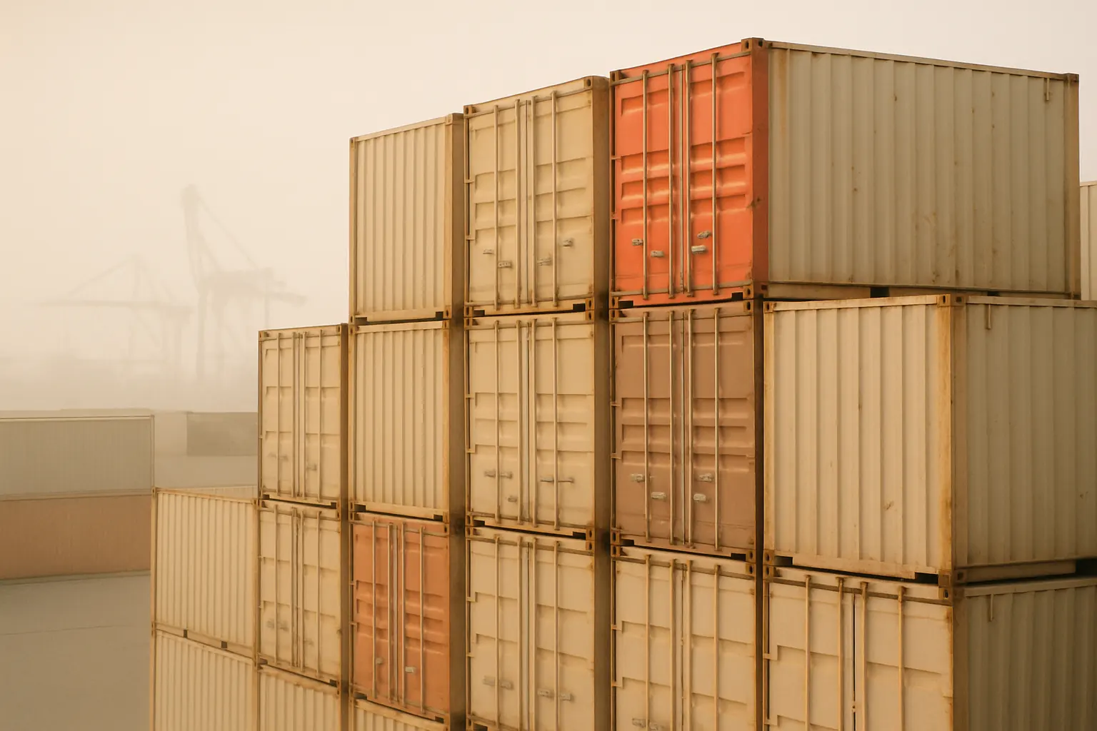 Stacked shipping containers at Leixões in morning light, one red