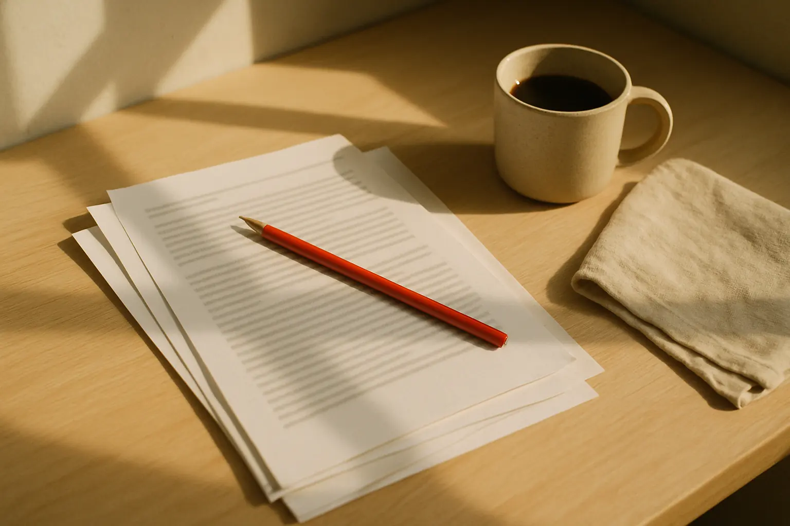A desk by a window in morning light, with printed drafts covered in red-pen edits.