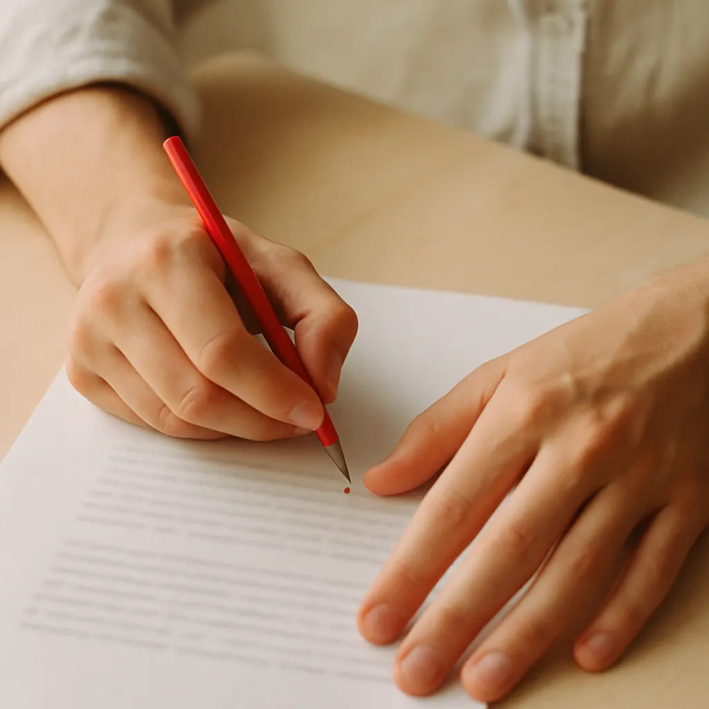 Hands marking up a printed draft with a red pencil