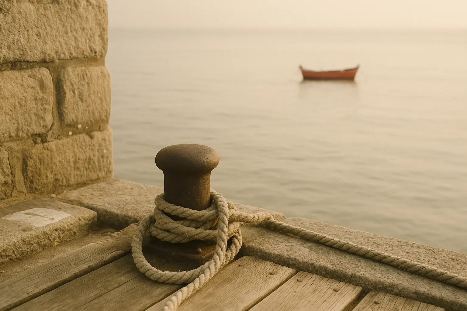 Morning light on the Matosinhos waterfront, a small red boat in the distance