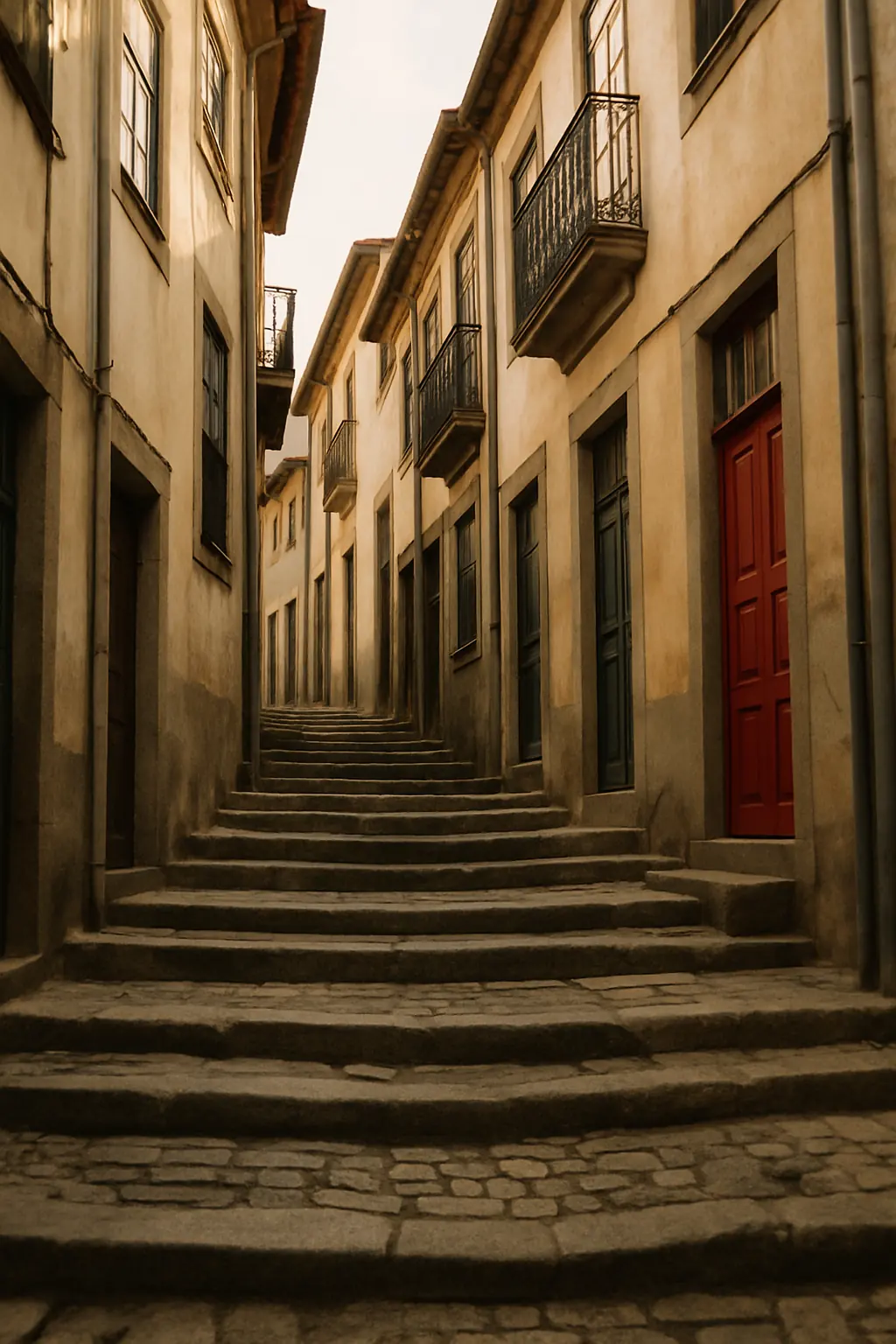 A narrow Porto street in morning light with a red door